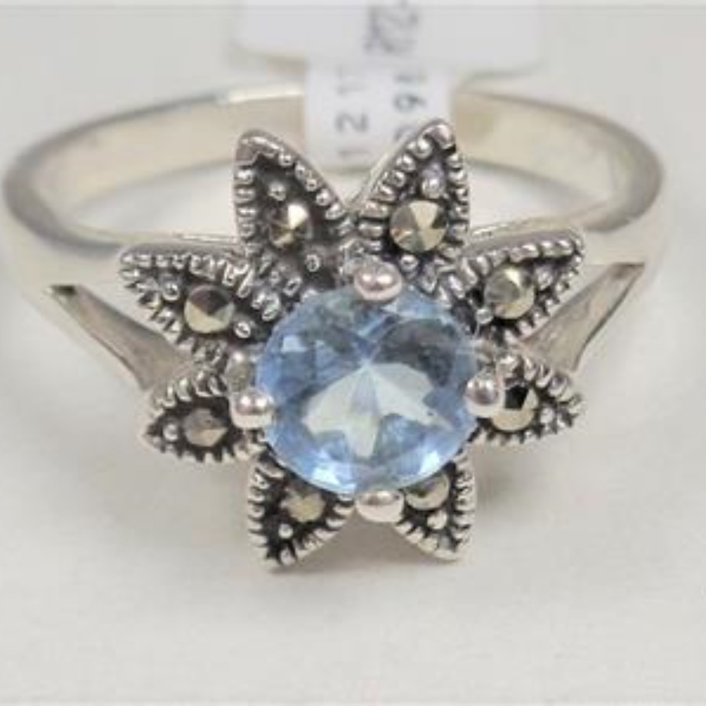 SILVER AQUA & MARCASITE STONES ISLAND FLOWER RING - Picture 4 of 7